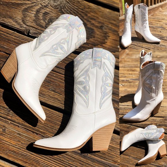 White Iridescent Metallic Applique Pointy Toe Block Heel Cowgirl Western Boots - Picture 5 of 15